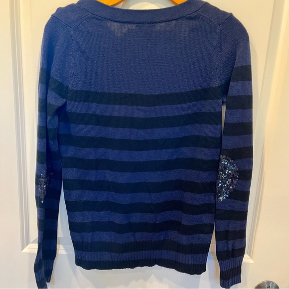 Women’s SZ S EXPRESS Royal blue and Black Striped V-Neck Sequin Elbow Cardigan - Picture 6 of 14